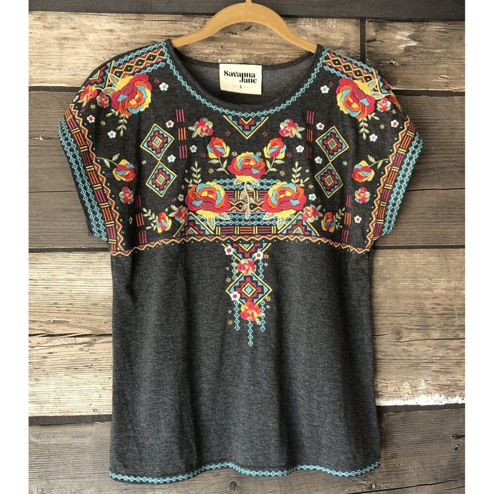 Savanna Jane Embroidered Floral Top Women S  Bohemian Art To Wear Preppy Festive